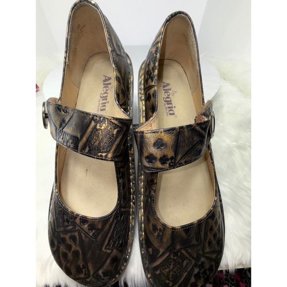 Allegria Mary Jane Shoes Women Black Gold Butterfly Card Print  Size 40 - Picture 10 of 12
